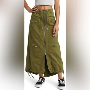 PTCL Olive Green Cargo Maxi Skirt | Rugged Utility Style | Adjustable Fit
